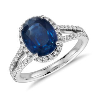 Oval Sapphire and Diamond Halo Split Shank Ring in 18k White Gold (9x7mm)