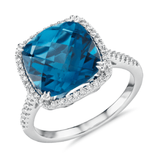 Cushion-Cut London Blue Topaz Diamond Halo Cocktail Ring in 14k White Gold (10.5mm)