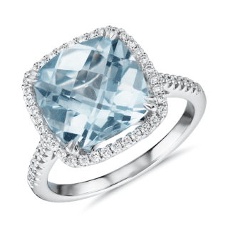 Cushion-Cut Aquamarine Diamond Halo Cocktail Ring in 14k White Gold (10.5mm)