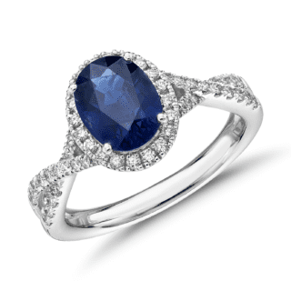 Oval Sapphire and Diamond Halo Twist Ring in 14k White Gold (8x6mm)