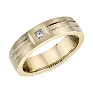 Single Diamond Dual Polish Inlay Matte Wedding Band in 14k Yellow Gold (6mm)