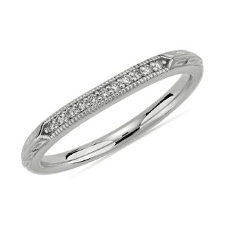 Vintage Hand Engraved Diamond Wedding Ring in 14k White Gold