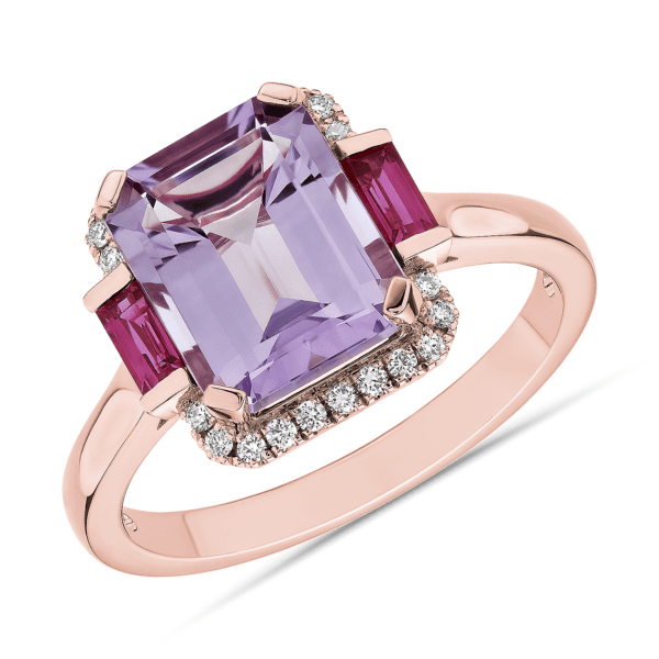 Rose de France Amethyst and Ruby Octagon Ring in 14k Rose Gold