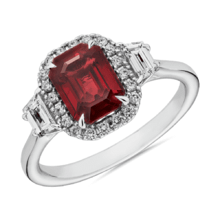 Emerald Cut Ruby and Trapezoid Diamond Ring in 18k White Gold