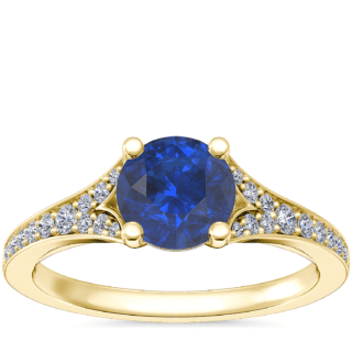 Petite Split Shank Pave Cathedral Engagement Ring with Round Sapphire in 14k Yellow Gold (6mm)