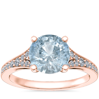 Petite Split Shank Pave Cathedral Engagement Ring with Round Aquamarine in 14k Rose Gold (8mm)