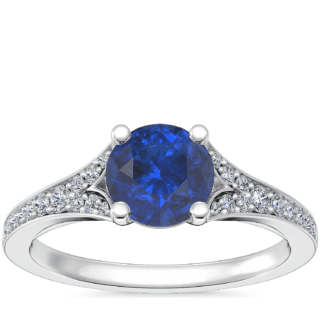 Petite Split Shank Pave Cathedral Engagement Ring with Round Sapphire in Platinum (6mm)