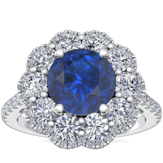 Vintage Diamond Halo Engagement Ring with Round Sapphire in 14k White Gold (8mm)