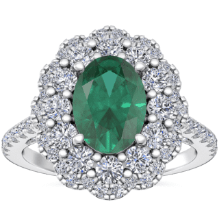 Vintage Diamond Halo Engagement Ring with Oval Emerald in 14k White Gold (7x5mm)