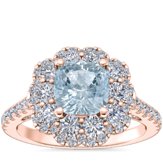 Vintage Diamond Halo Engagement Ring with Round Aquamarine in 14k Rose Gold (6.5mm)