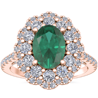 Vintage Diamond Halo Engagement Ring with Oval Emerald in 14k Rose Gold (7x5mm)