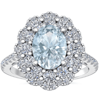 Vintage Diamond Halo Engagement Ring with Oval Aquamarine in Platinum (8x6mm)