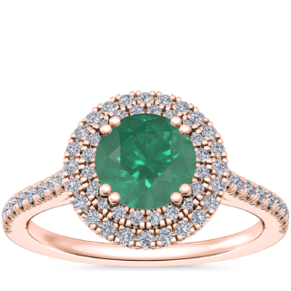 Micropave Double Halo Diamond Engagement Ring with Round Emerald in 14k Rose Gold (6.5mm)