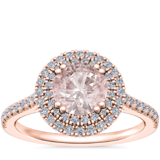 Micropave Double Halo Diamond Engagement Ring with Round Morganite in 14k Rose Gold (6.5mm)