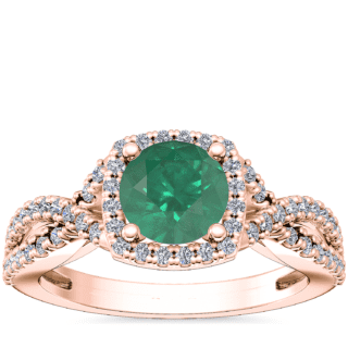 Twist Halo Diamond Engagement Ring with Round Emerald in 14k Rose Gold (6.5mm)