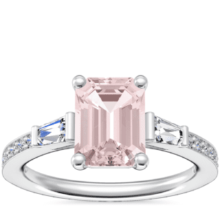 Tapered Baguette Diamond Cathedral Engagement Ring with Emerald-Cut Morganite in 14k White Gold (8x6mm)