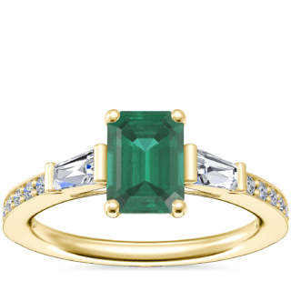 Tapered Baguette Diamond Cathedral Engagement Ring with Emerald-Cut Emerald in 14k Yellow Gold (7x5mm)