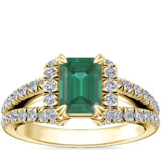 Split Semi Halo Diamond Engagement Ring with Emerald-Cut Emerald in 14k Yellow Gold (7x5mm)