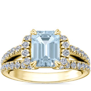 Split Semi Halo Diamond Engagement Ring with Emerald-Cut Aquamarine in 14k Yellow Gold (8x6mm)