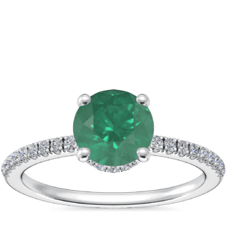 Petite Micropave Hidden Halo Engagement Ring with Round Emerald in 14k White Gold (6.5mm)