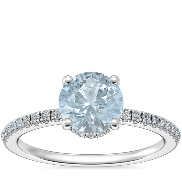 Petite Micropave Hidden Halo Engagement Ring with Round Aquamarine in Platinum (6.5mm)