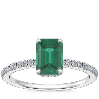 Petite Micropave Hidden Halo Engagement Ring with Emerald-Cut Emerald in Platinum (7x5mm)