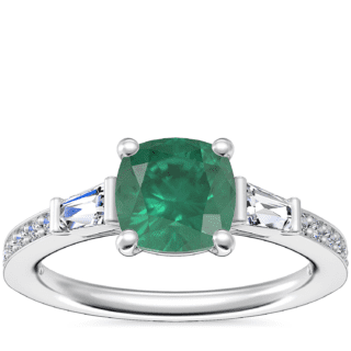 Tapered Baguette Diamond Cathedral Engagement Ring with Cushion Emerald in Platinum (6.5mm)