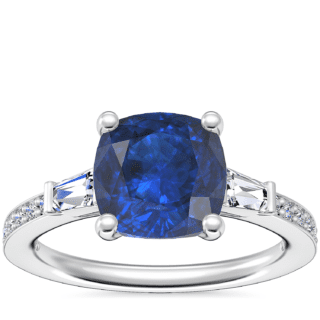 Tapered Baguette Diamond Cathedral Engagement Ring with Cushion Sapphire in Platinum (8mm)