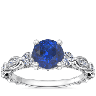 Floral Ellipse Diamond Cathedral Engagement Ring with Round Sapphire in Platinum (6mm)