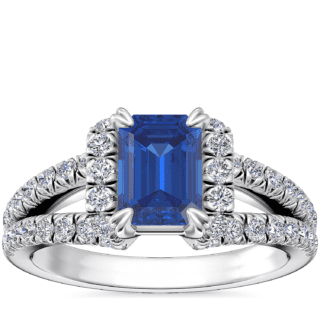 Split Semi Halo Diamond Engagement Ring with Emerald-Cut Sapphire in Platinum (7x5mm)