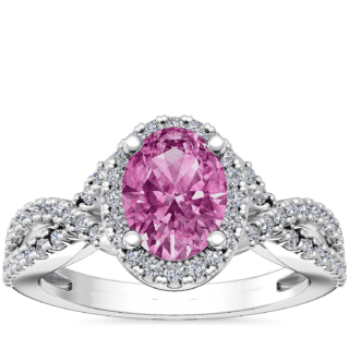 Twist Halo Diamond Engagement Ring with Oval Pink Sapphire in 14k White Gold (8x6mm)