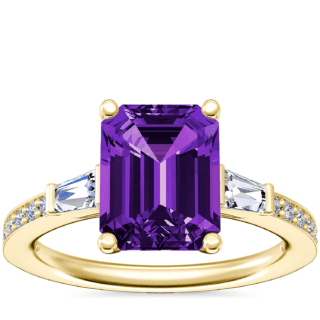 Tapered Baguette Diamond Cathedral Engagement Ring with Emerald-Cut Amethyst in 14k Yellow Gold (9x7mm)